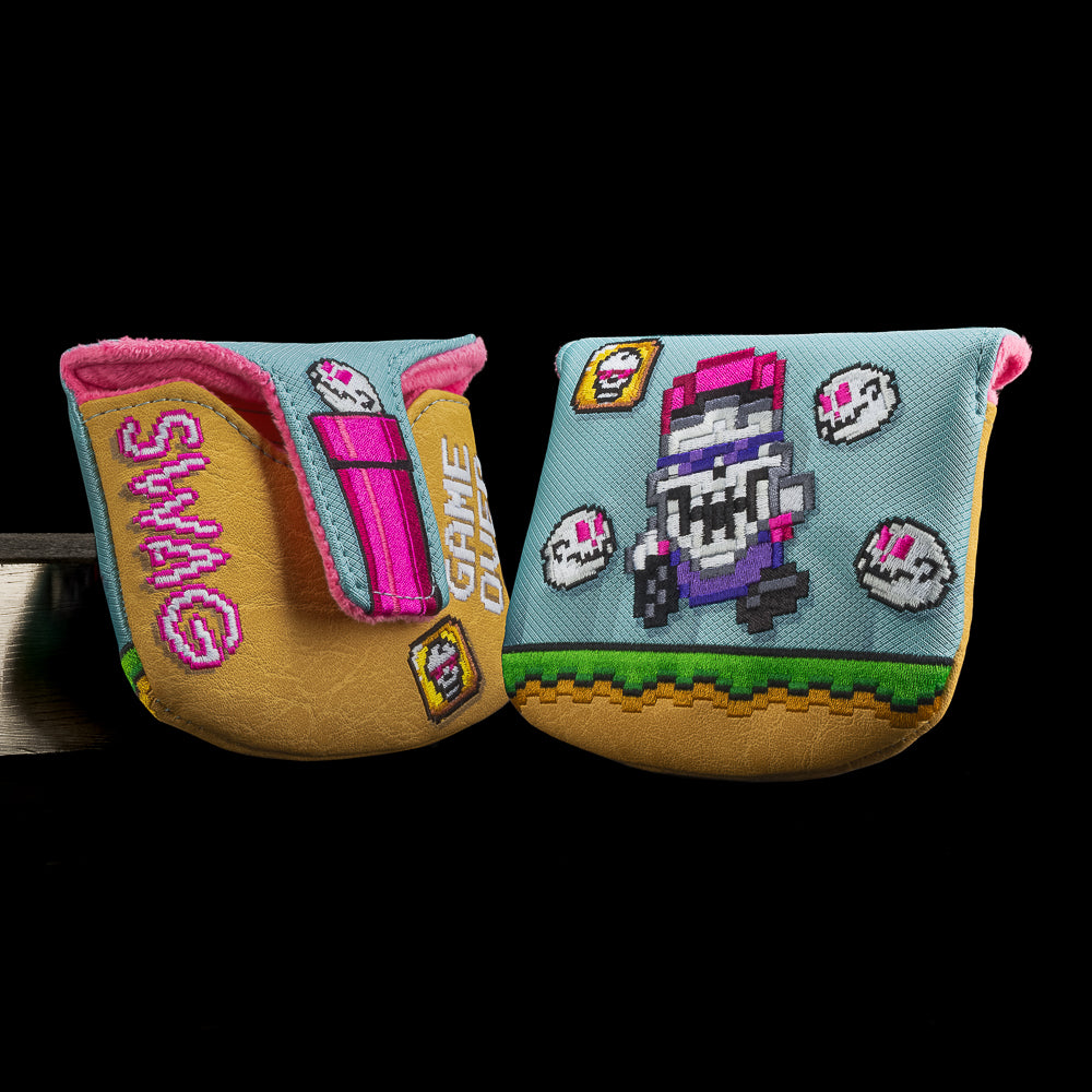 SWAG Golf Death of Pario video game themed brown, blue, and pink mallet headcover made in the USA.