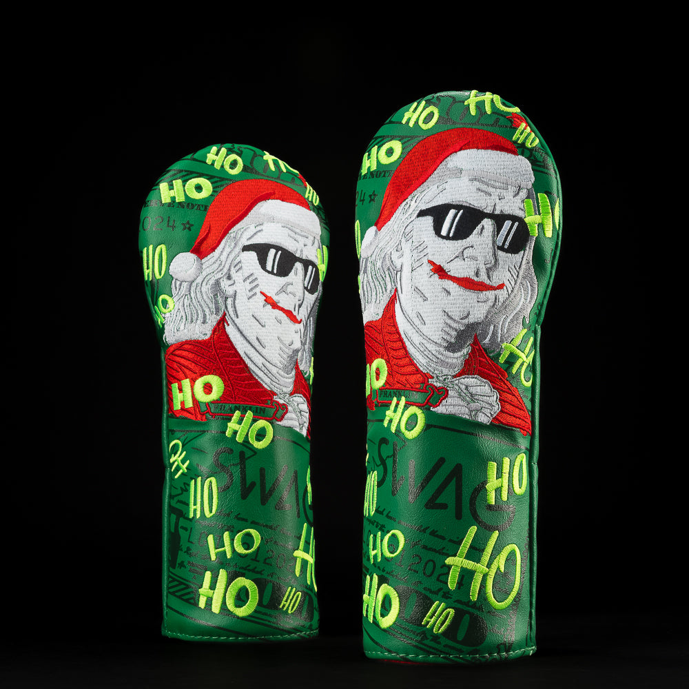 SWAG Golf Ho Ho Ho Defaced Franklin Green and red fairway wood golf headcover made in the USA.