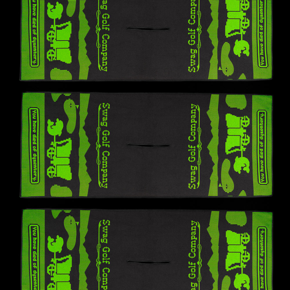 SWAG Golf you have died of dysentery black and neon green golf towel accessory.