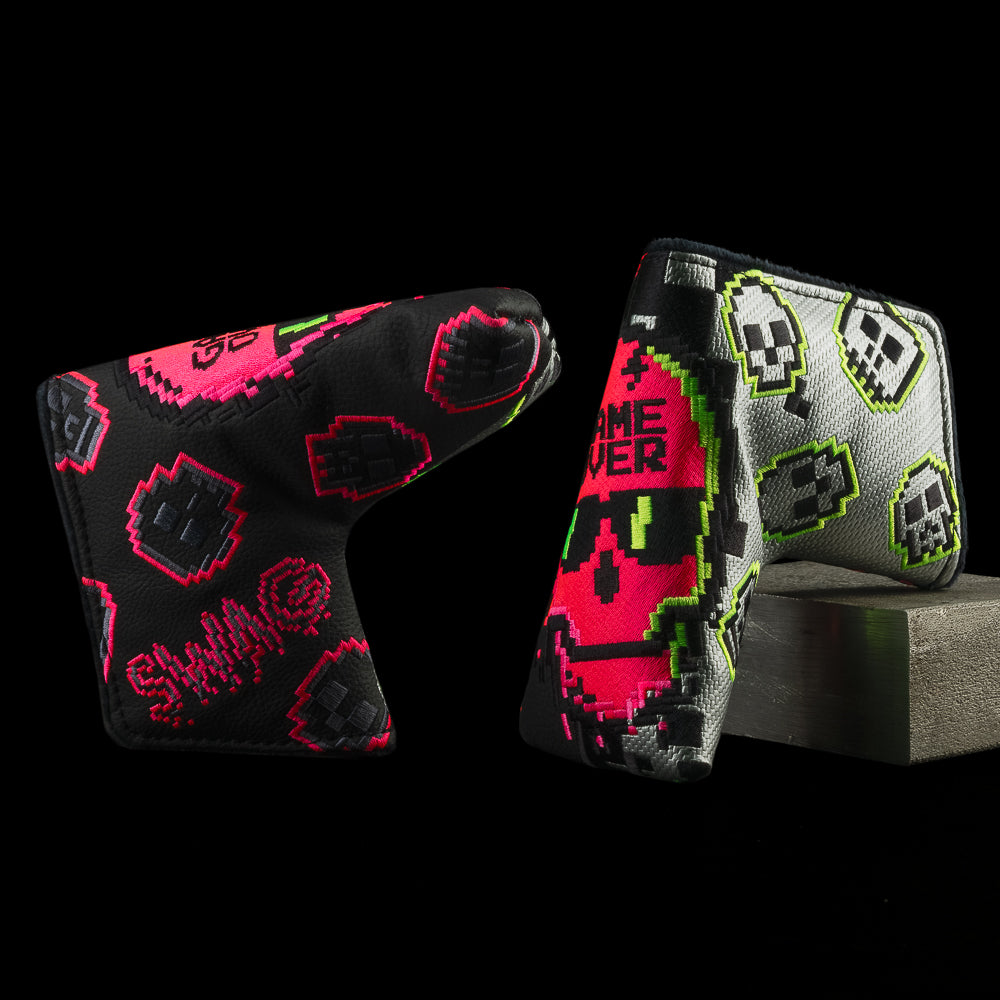 SWAG Golf glitched game over skull black, gray, and pink blade golf headcover made in the USA.