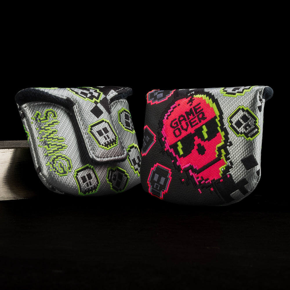 SWAG Golf glitched game over skull 2.0 black, gray, and neon pink mallet golf headcover made in the USA.