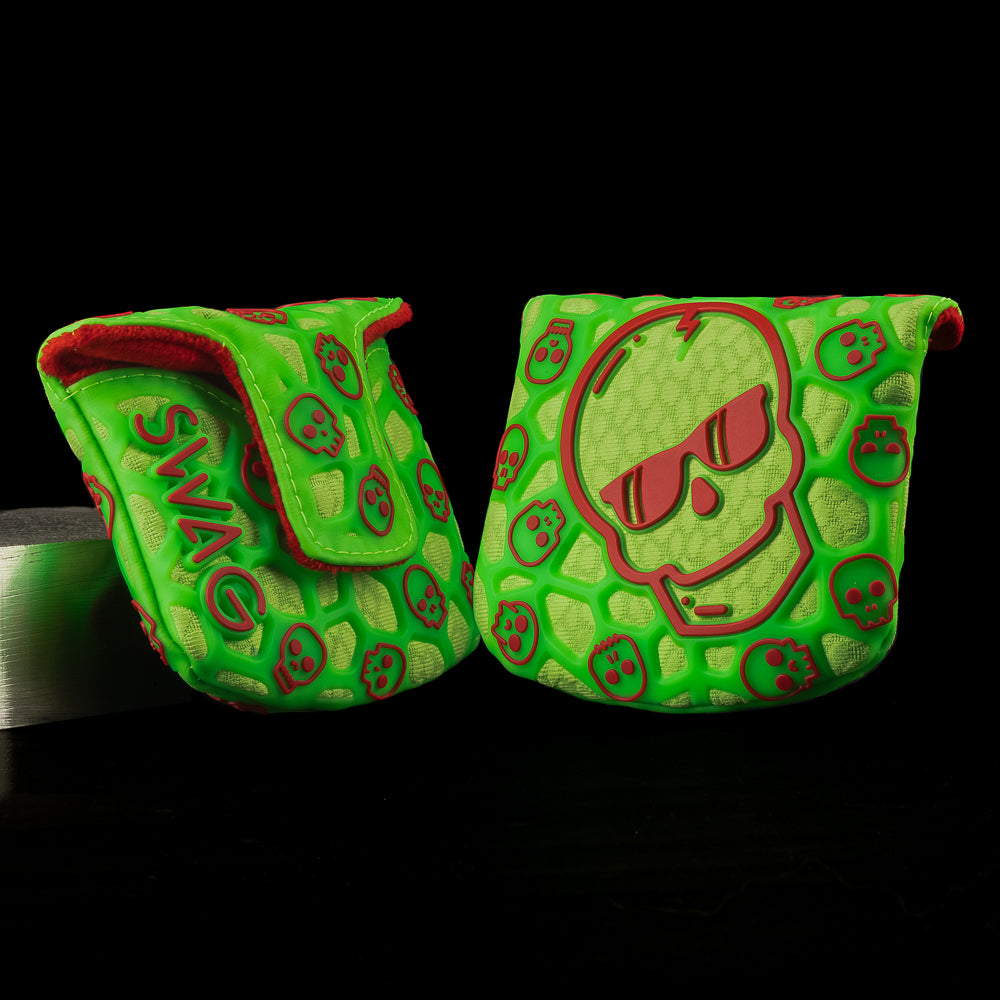 Green and red skull-tpu mallet golf headcover with 'SWAG' text on a black background