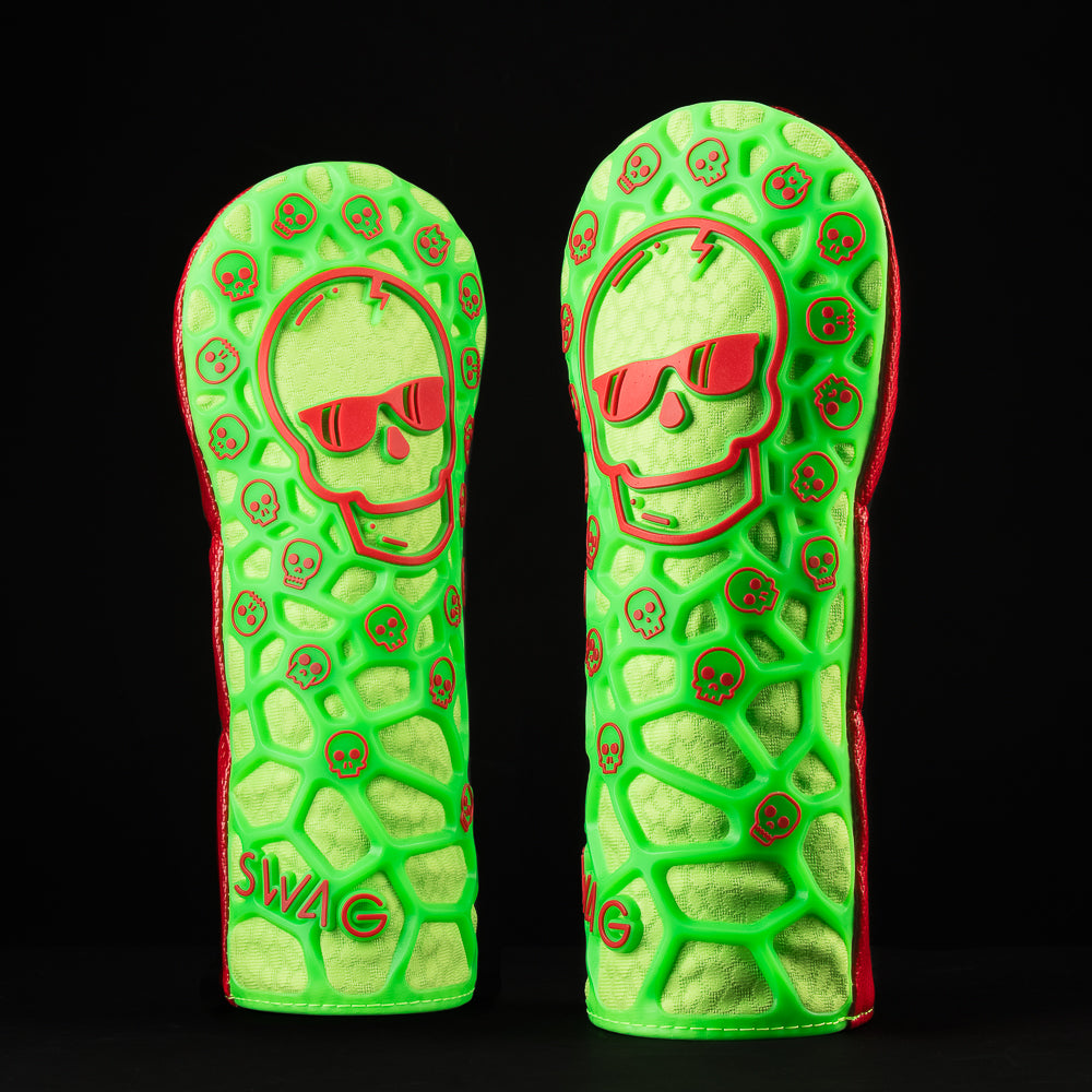 SWAG Golf Green and red TPU fairway wood golf headcover with skull design.