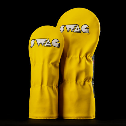 SWAG Hack-man video gamed themed two piece yellow golf headcover set including one driver and one fairway wood. Made in the USA.