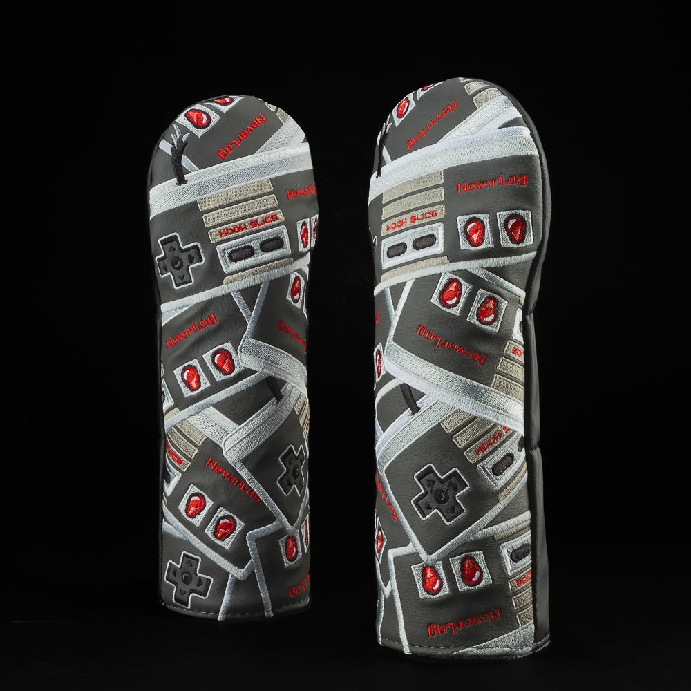 Stacked video game controller themed grey, black, and red golf fairway wood headcover made in the USA.