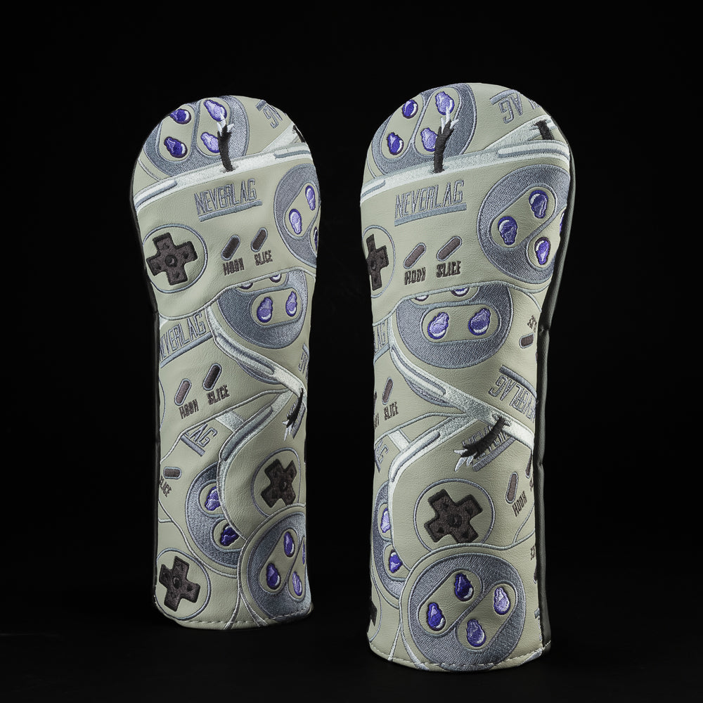 Stacked Super Never Lag video game controller themed gray fairway wood golf headcover made in the USA.