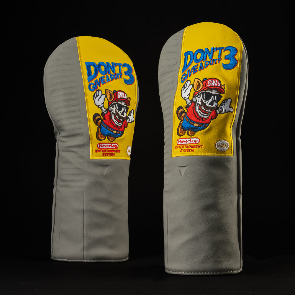 SWAG Golf Don't Give A 3 Putt Cartridge video game themed gray and yellow driver golf headcover made in the USA.