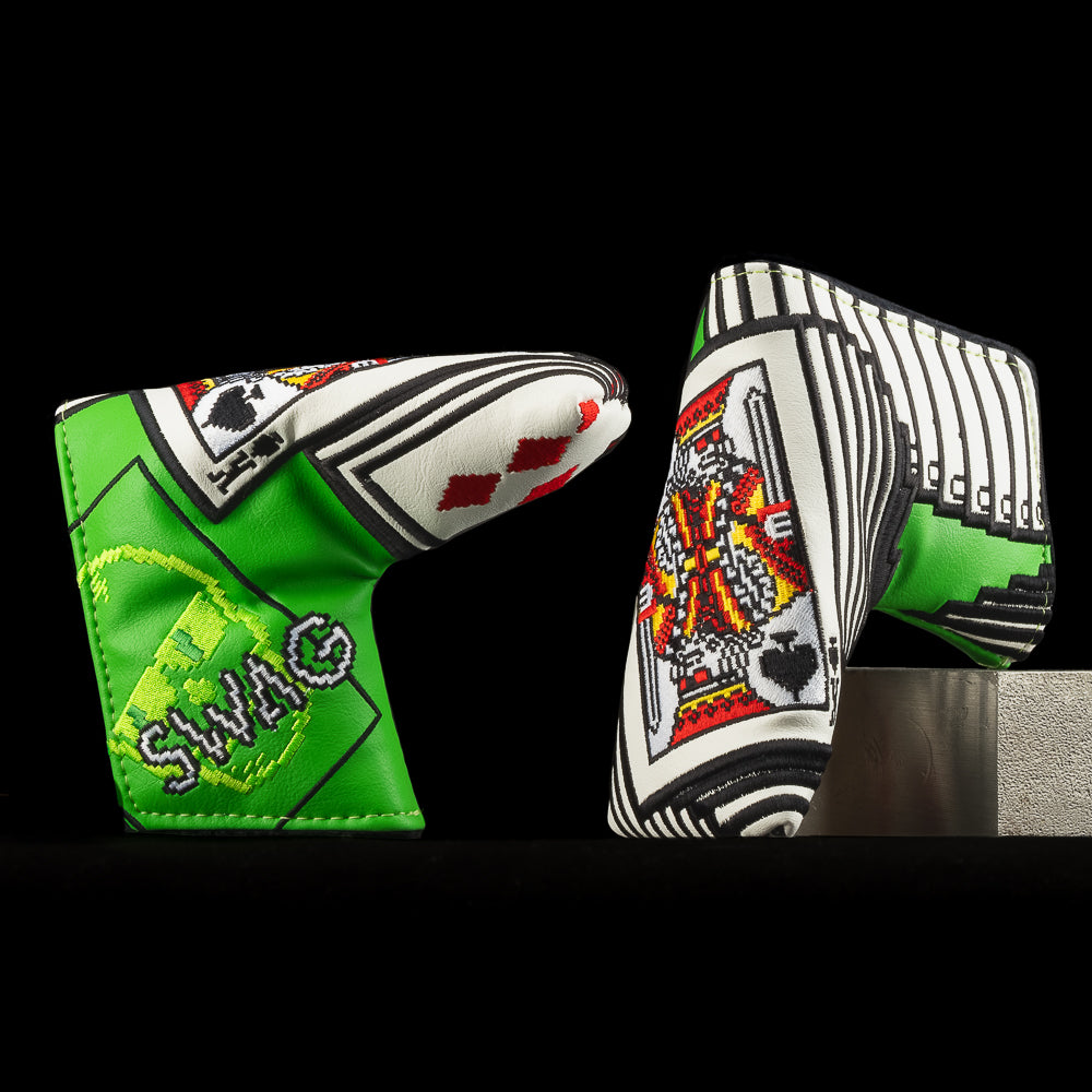 SWAG-itaire video game themed green, white, and black blade putter golf headcover made in the USA.