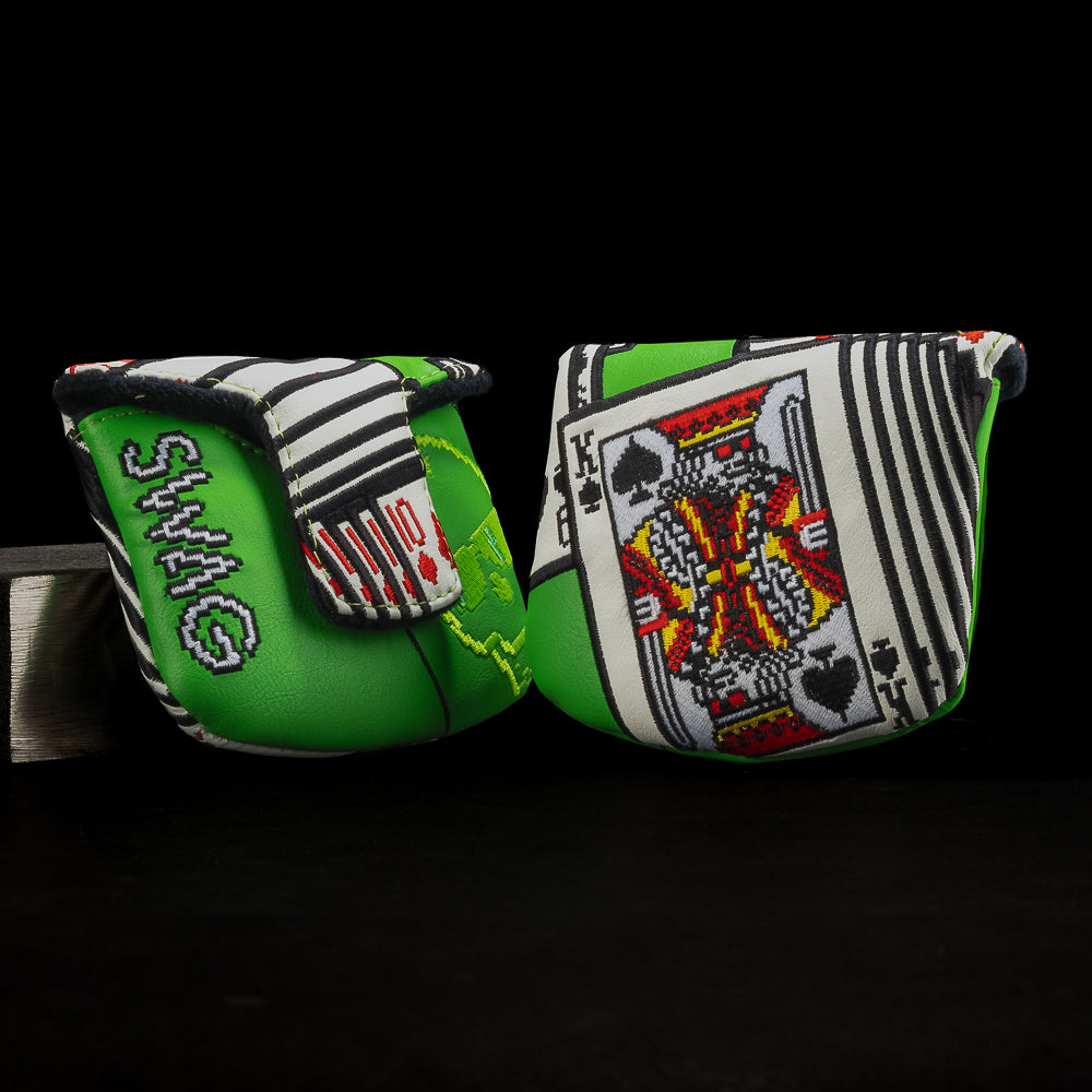 SWAG-itaire video game themed green, white, and black mallet putter golf headcover made in the USA.