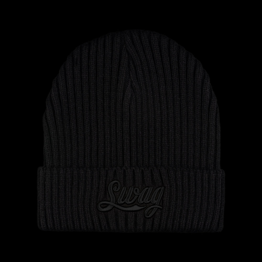 SWAG Golf cola script black ribbed knit beanie.