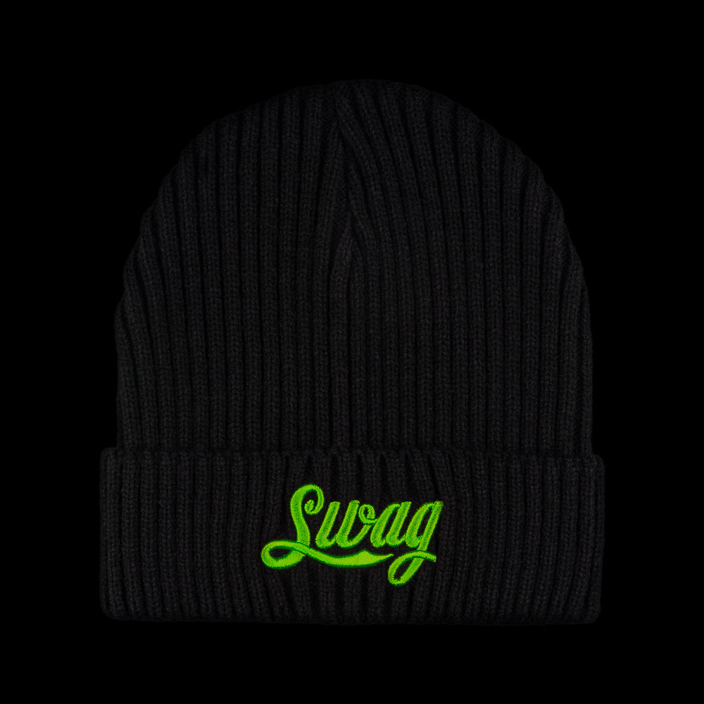 SWAG Golf cola script neon green and black ribbed knit beanie.