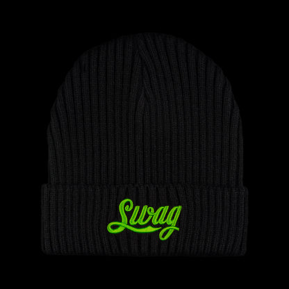 SWAG Golf cola script neon green and black ribbed knit beanie.