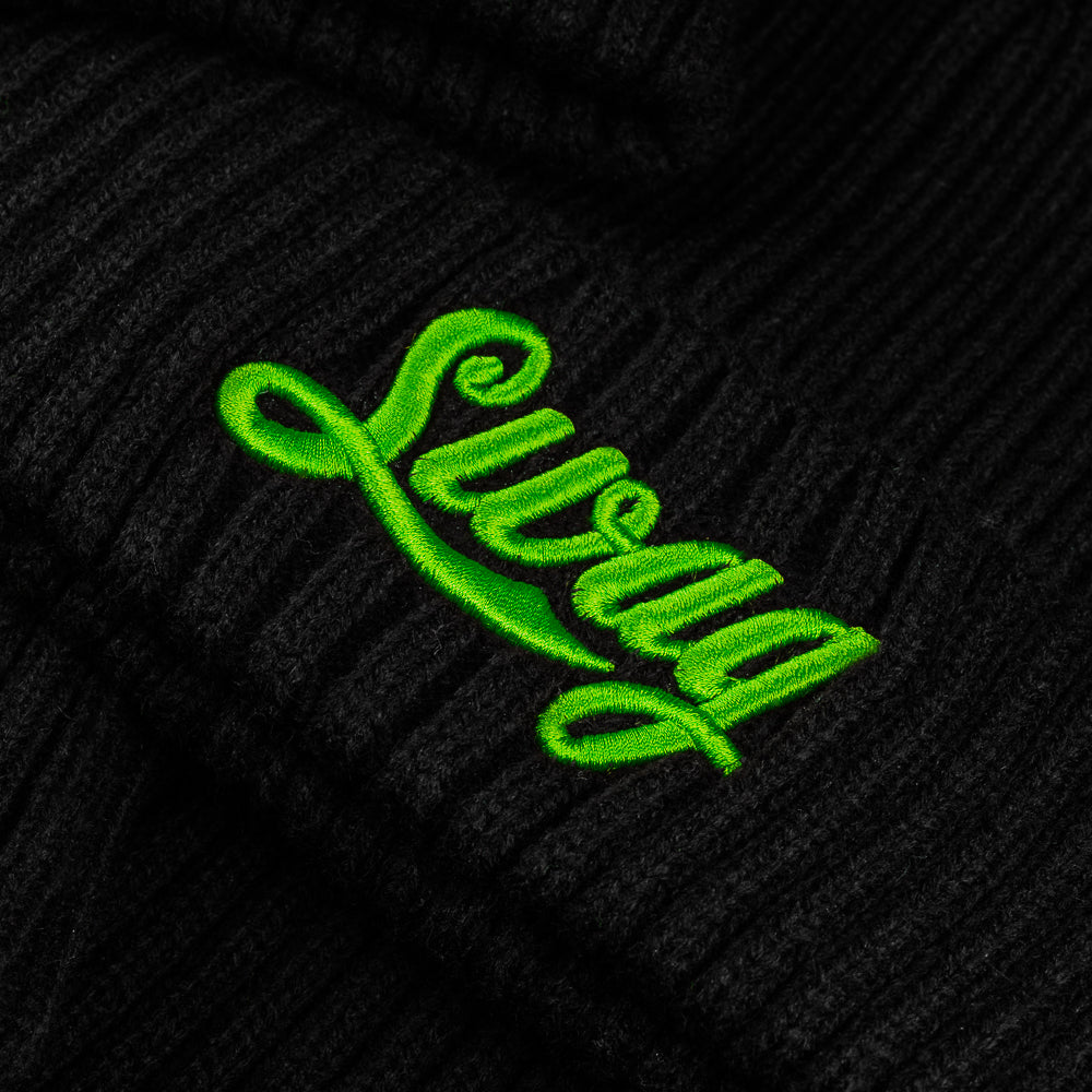 SWAG Golf cola script neon green and black ribbed knit beanie.