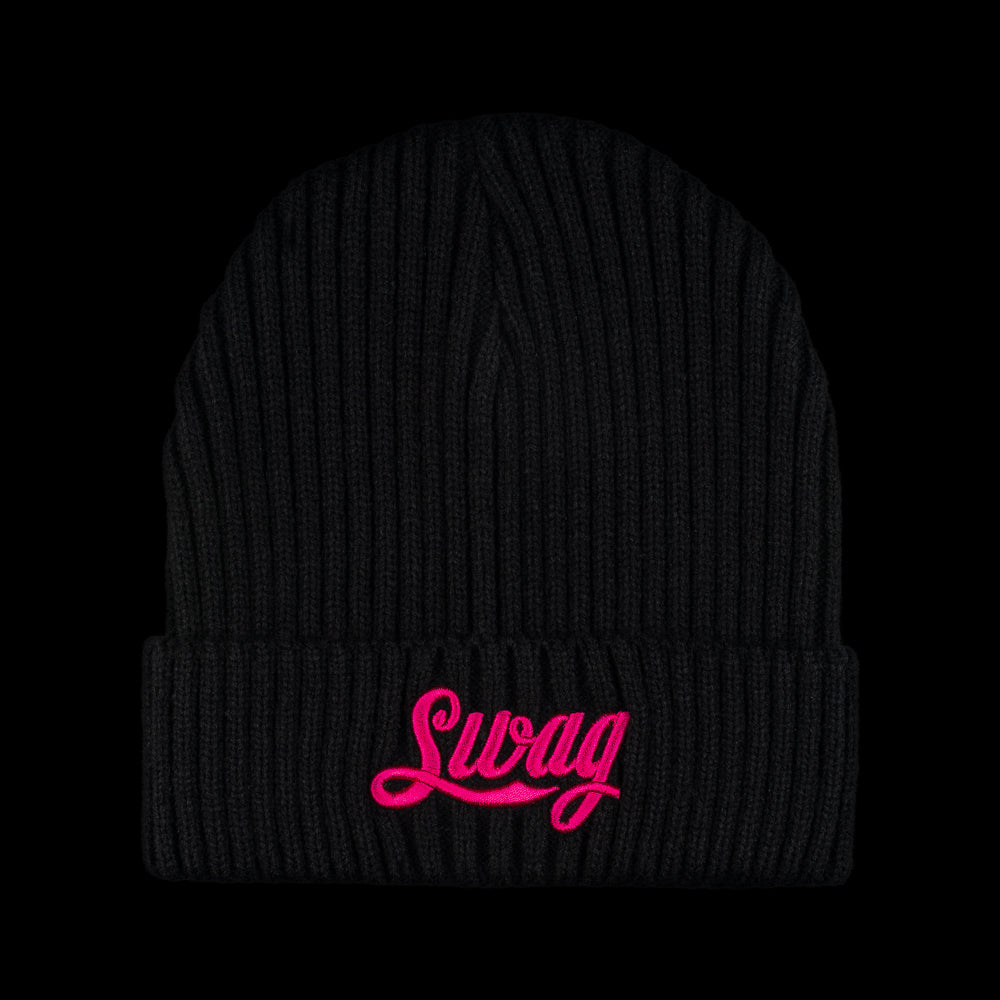 SWAG Golf cola script neon pink and black ribbed knit beanie.