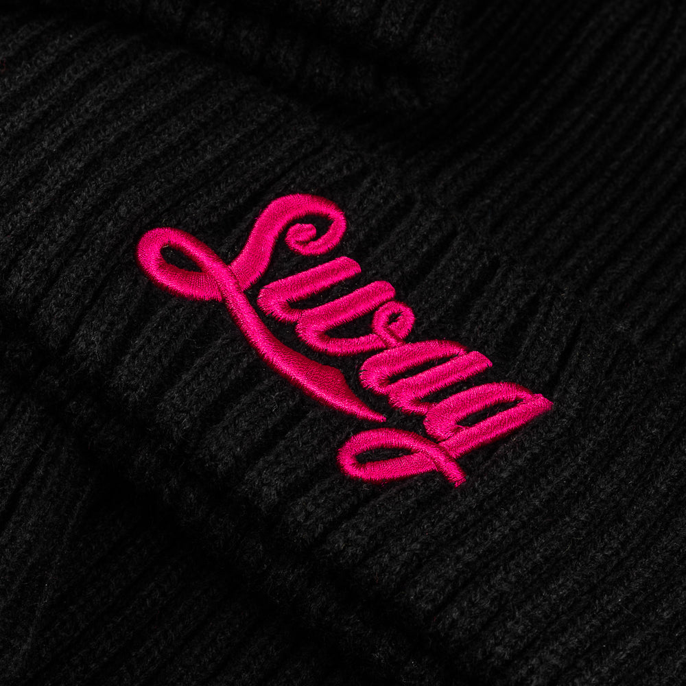 SWAG Golf cola script neon pink and black ribbed knit beanie.