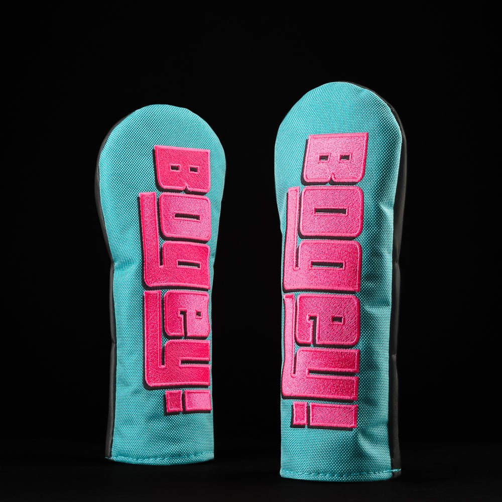 SWAG Golf Bogey! Small Talk hybrid golf headcover in pink and teal.