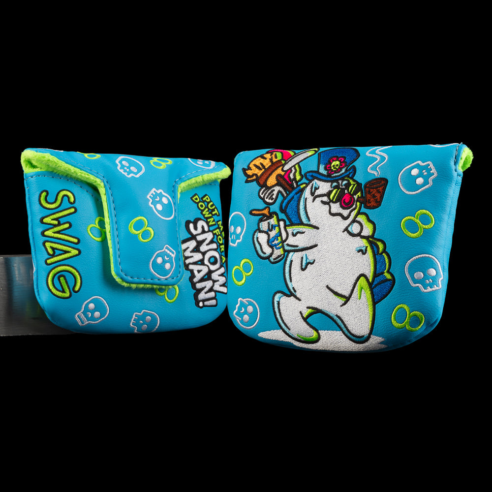 Mallet cover with sunglasses-wearing snowman and holiday icons on bright blue background. With "put me own for a snowman!" quote. 