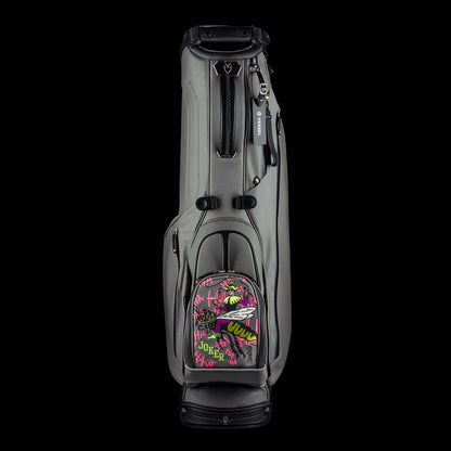 SWAG x Vessel VLS Lux grey golf stand bag with a Defaced Joker embroidered ball pocket panel.