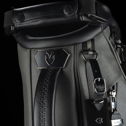SWAG x Vessel VLS Lux grey golf stand bag with a Defaced Joker embroidered ball pocket panel.