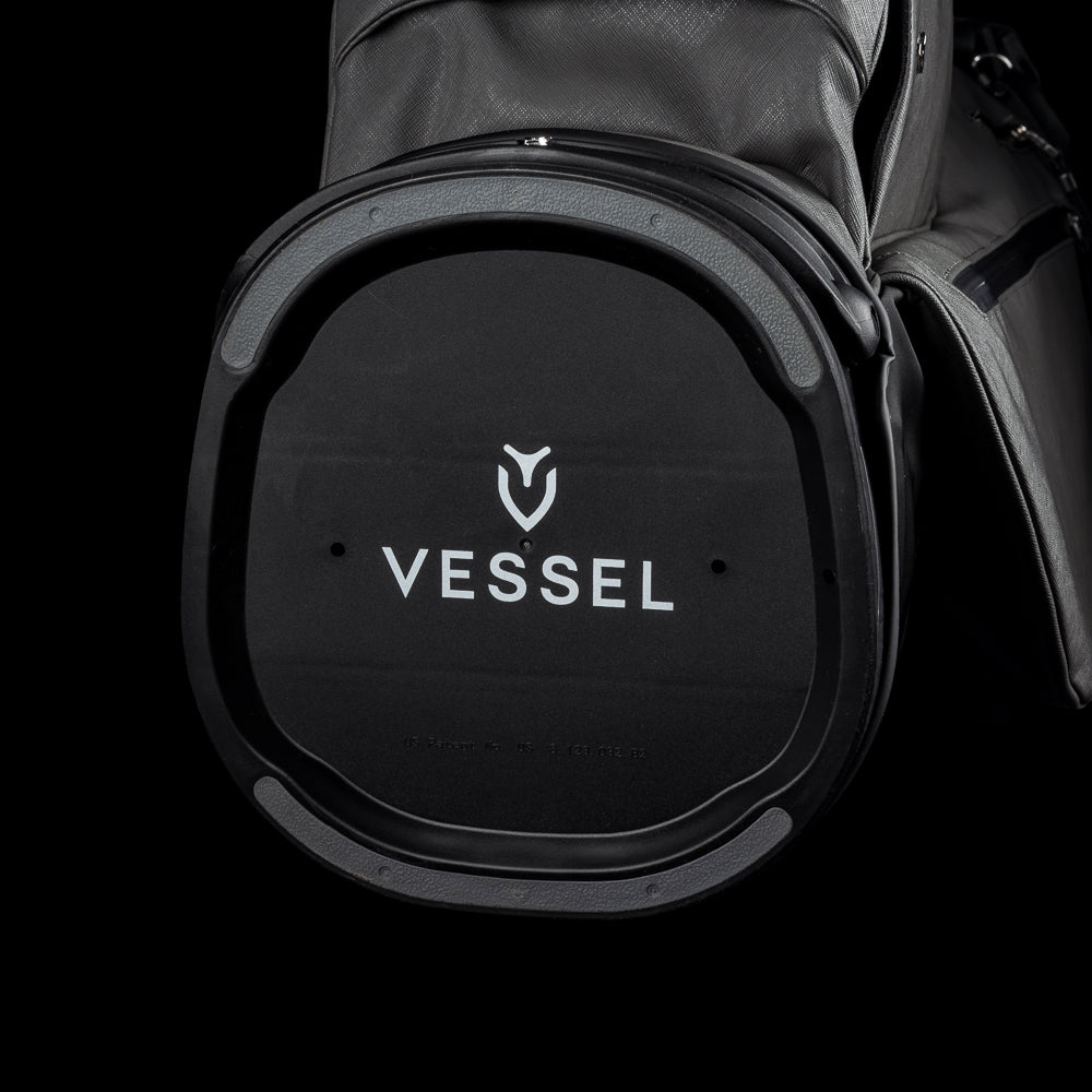 SWAG x Vessel VLS Lux grey golf stand bag with a Defaced Joker embroidered ball pocket panel.