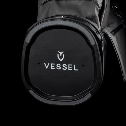 SWAG x Vessel VLS Lux grey golf stand bag with a Defaced Joker embroidered ball pocket panel.