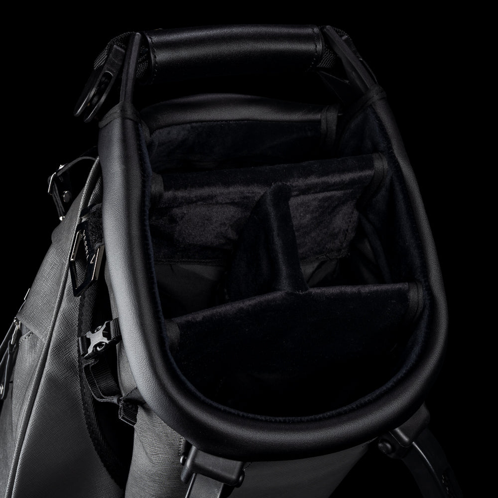 SWAG x Vessel VLS Lux grey golf stand bag with a Defaced Joker embroidered ball pocket panel.