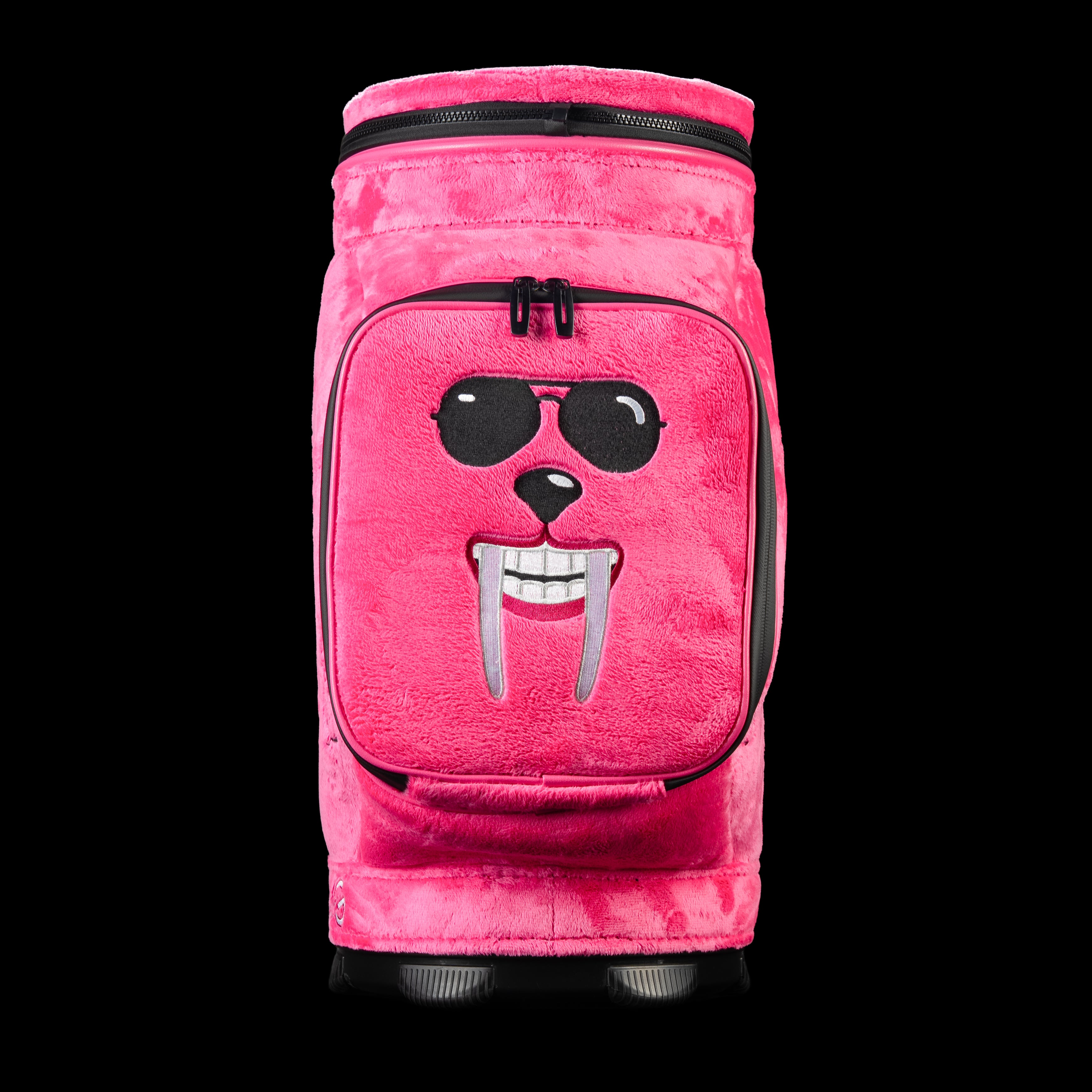 Front view of pink plush SWAG Golf den caddy cooler featuring embroidered booster face with sunglasses and white tusks.