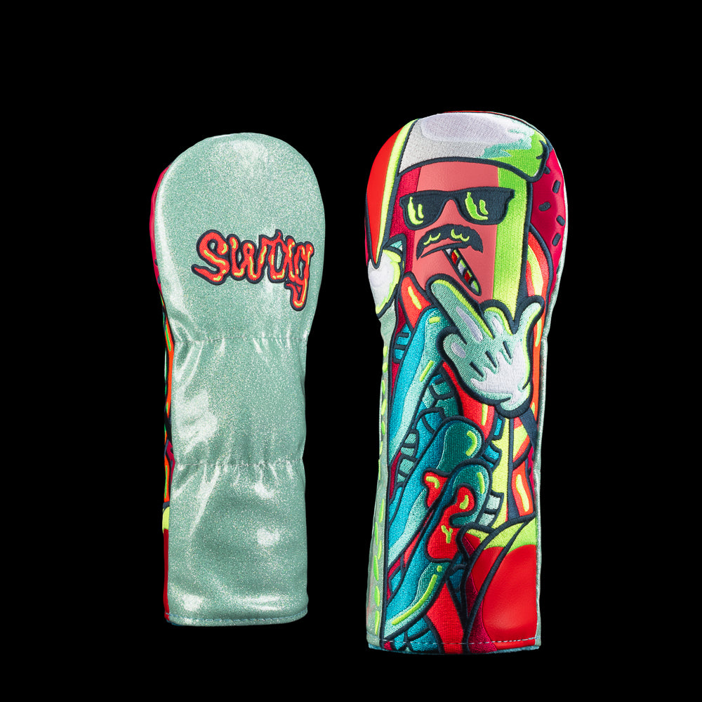 Fairway cover featuring neon holiday dog character wearing Santa hat and sunglasses with mint back and SWAG script.