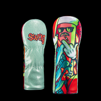 Fairway cover featuring neon holiday dog character wearing Santa hat and sunglasses with mint back and SWAG script.