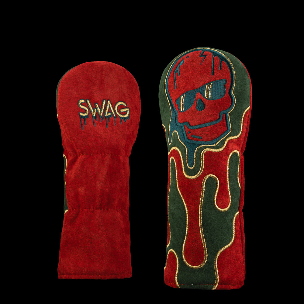 Fairway cover with raised 3D dripping skull in red and green holiday palette and burgundy back with SWAG script.