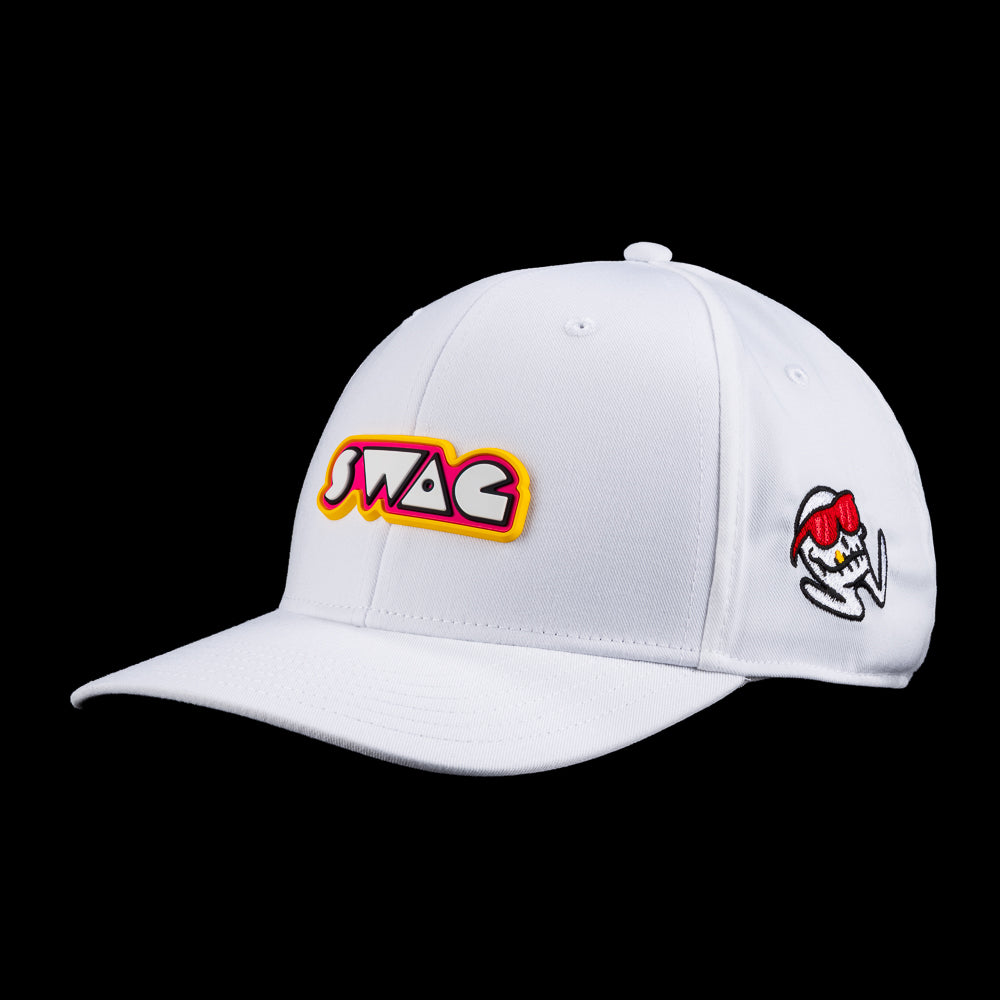 White SWAG Golf hat with retro SWAG logo on the front and a small Hackman character embroidered on the side.