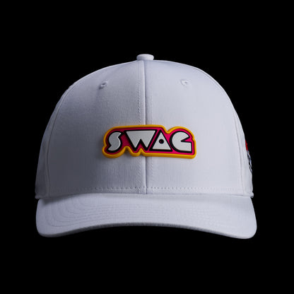 Front view of a white SWAG Golf hat featuring a bold retro SWAG logo in red, yellow, and black.