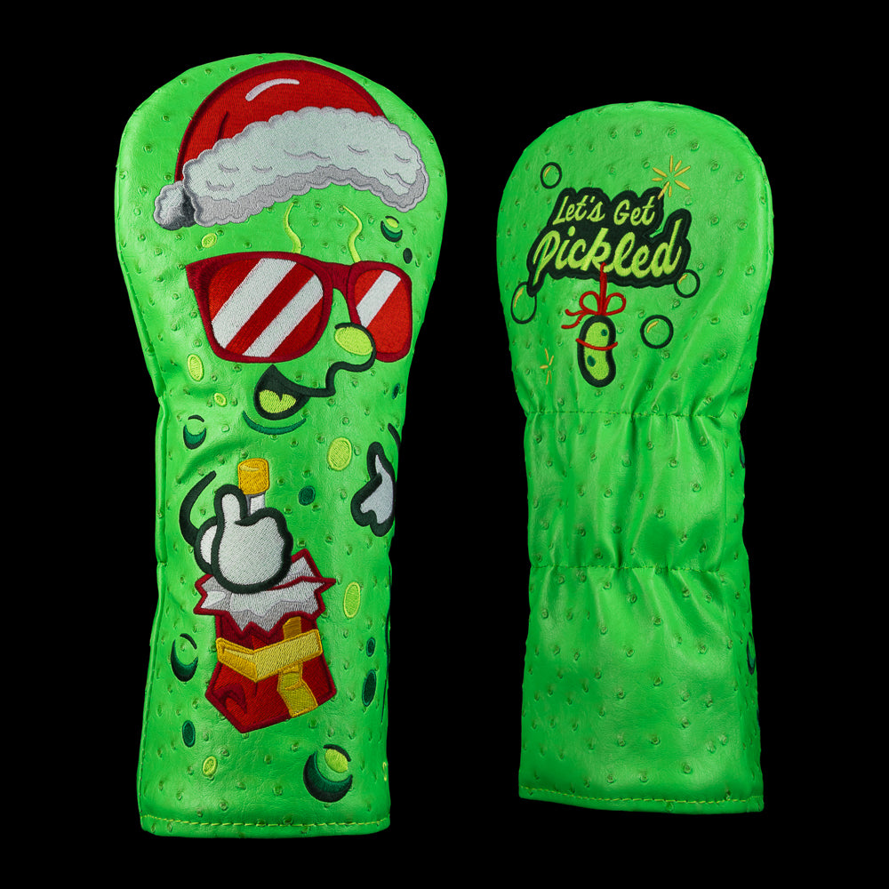 Green SWAG Golf Hidden Pickle driver cover with Santa hat pickle graphic on the front and “Let’s Get Pickled” logo on the back.