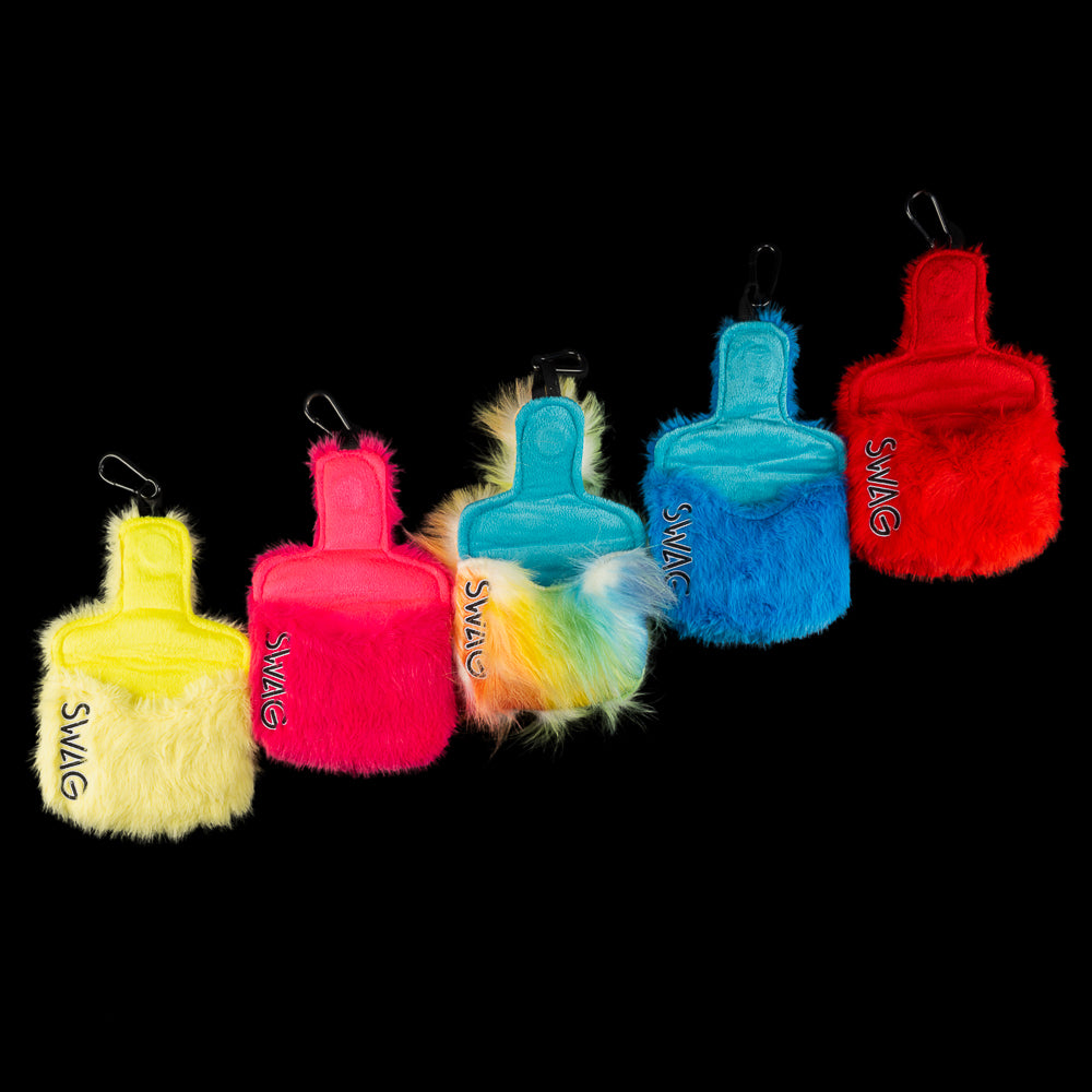 Group of five fuzzy SWAG Golf LaBooster mallet covers in neon colors, shown from the back with embroidered SWAG logos.