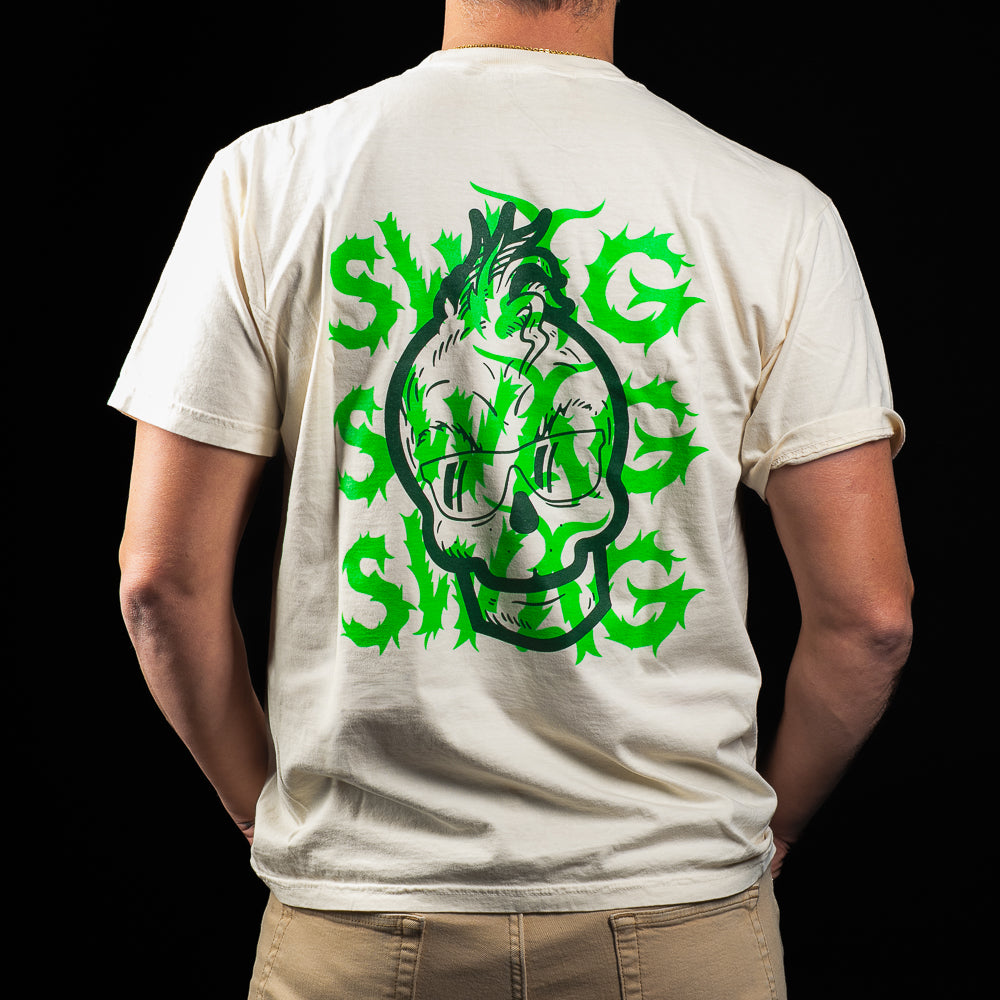 SWAG Golf Mean One skull beige short sleeve graphic print t-shirt with SWAG wordmark and Mean One skull on the back.