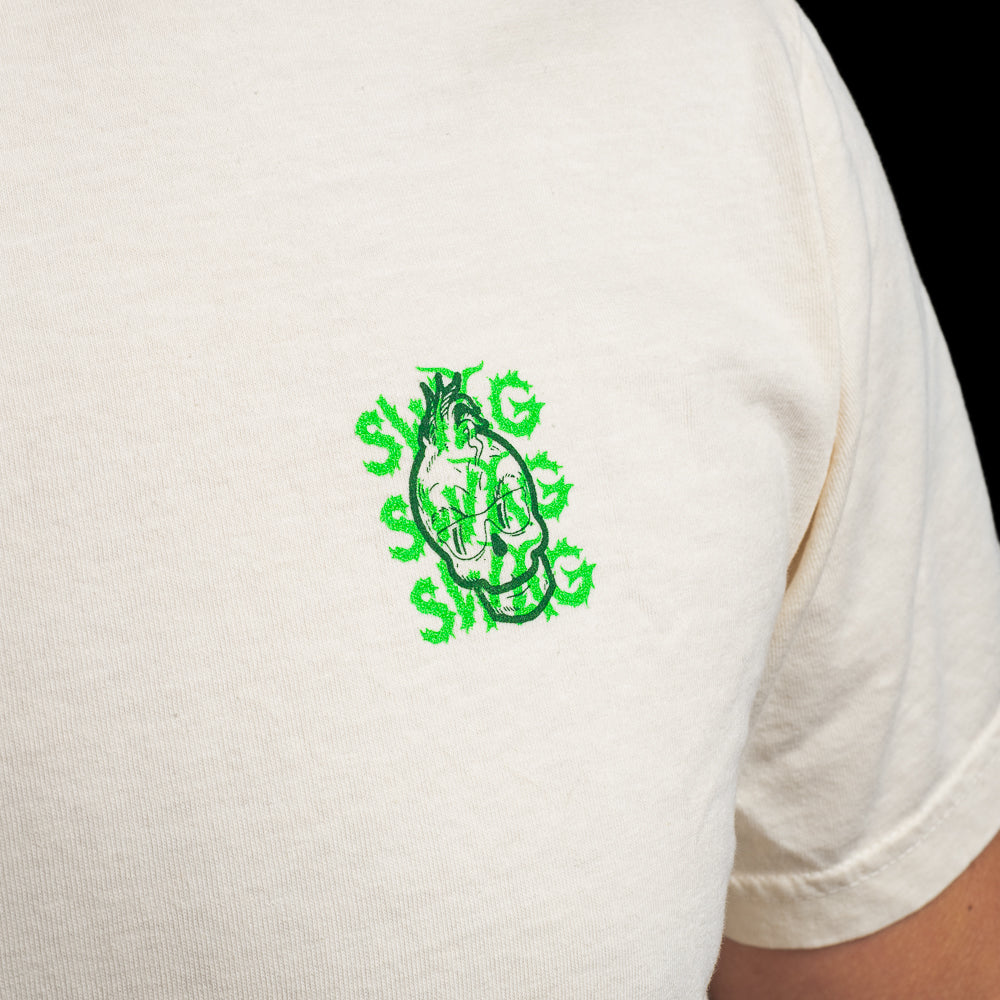 SWAG Golf Mean One skull beige short sleeve graphic print t-shirt with SWAG wordmark and Mean One skull on the back.