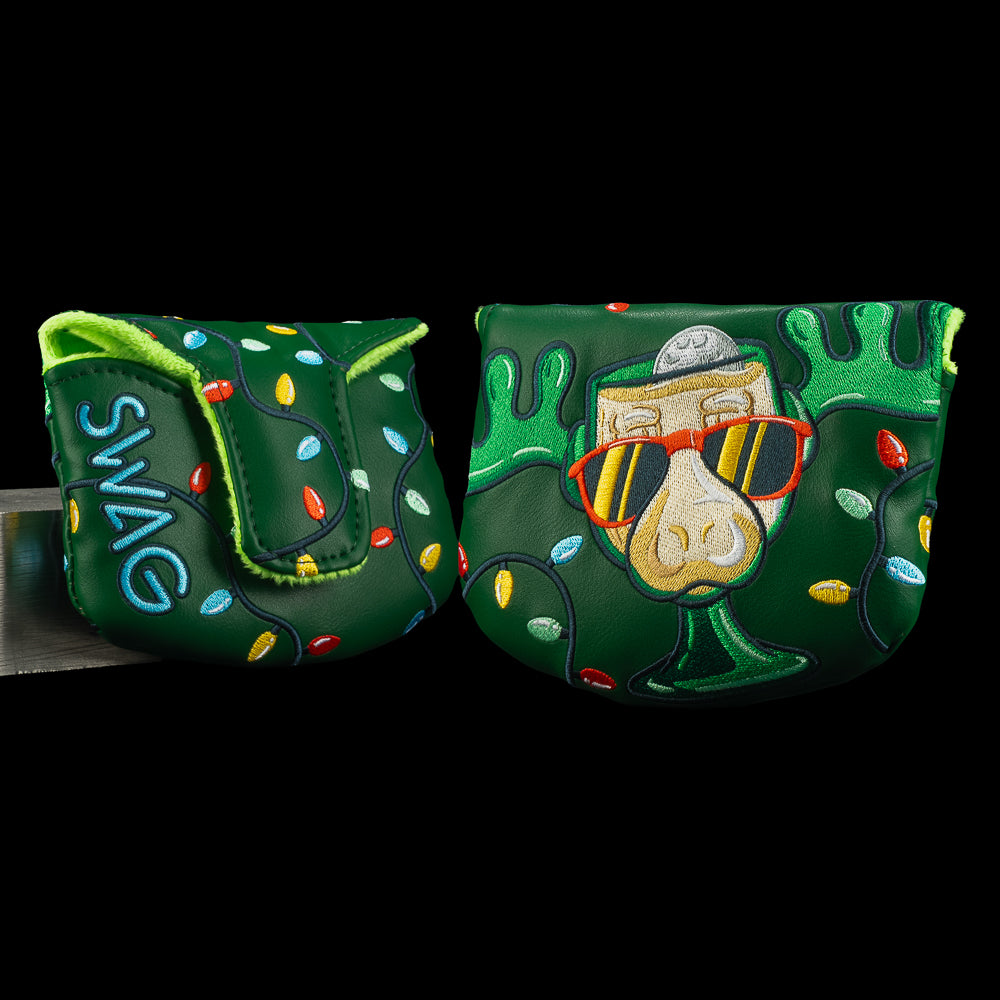 Dark green mallet cover with Moose Mug graphic wearing sunglasses surrounded by Christmas lights.