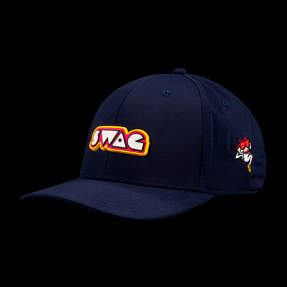 Navy SWAG Golf hat with retro SWAG logo on the front and a small Ms. Hackman character embroidered on the side.