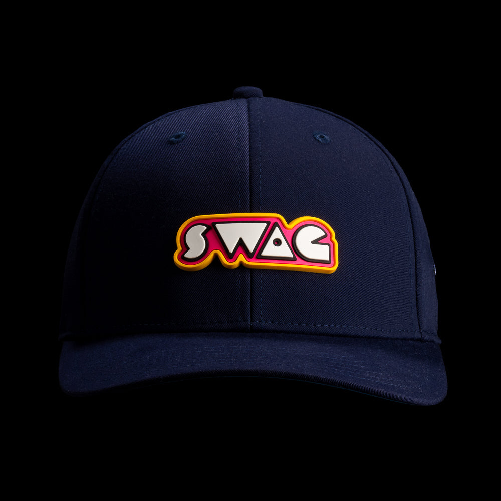 Front view of a navy SWAG Golf hat featuring a bold retro SWAG logo in red, yellow, and white.