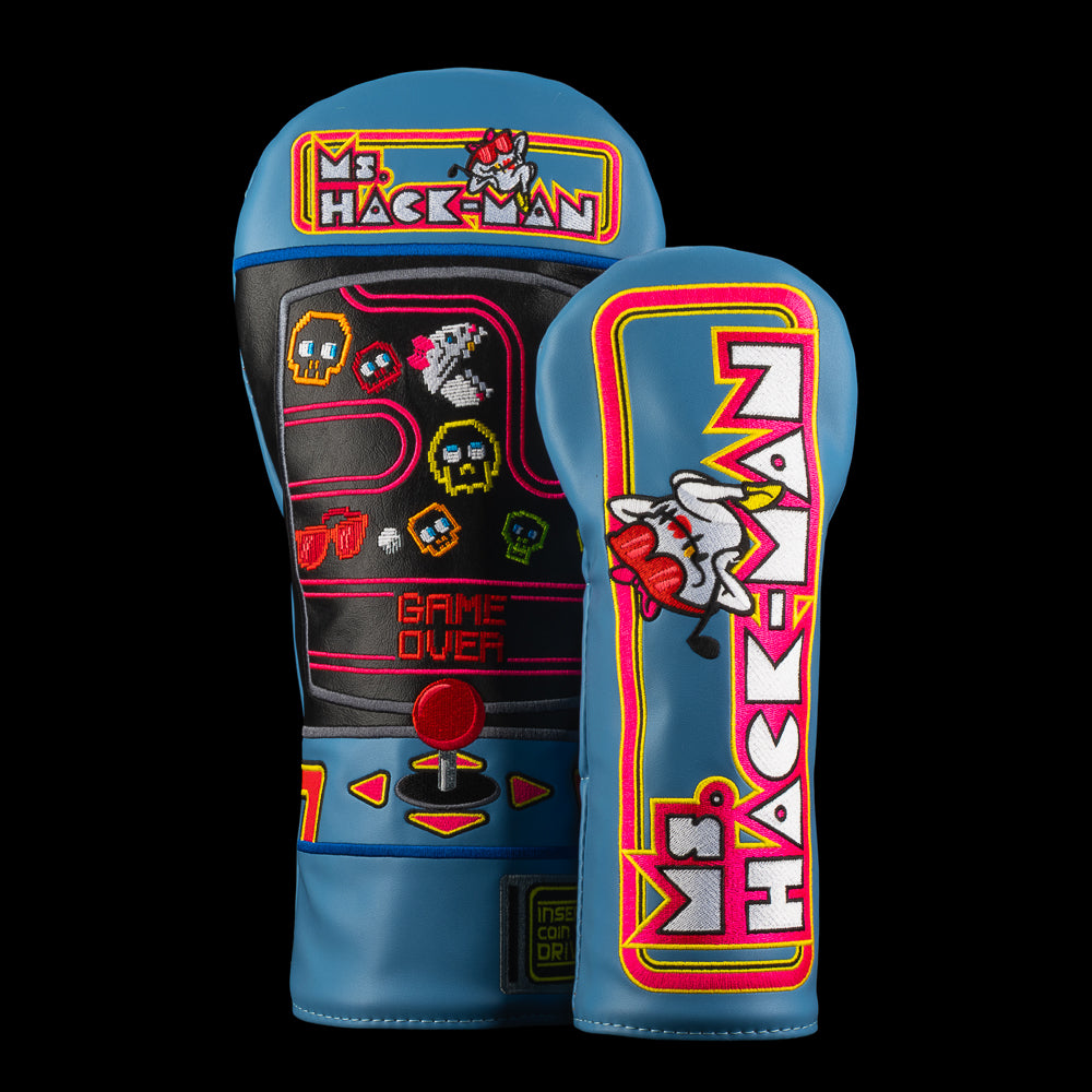 Blue driver and fairway covers with maze artwork and retro character graphics inspired by classic arcade games.