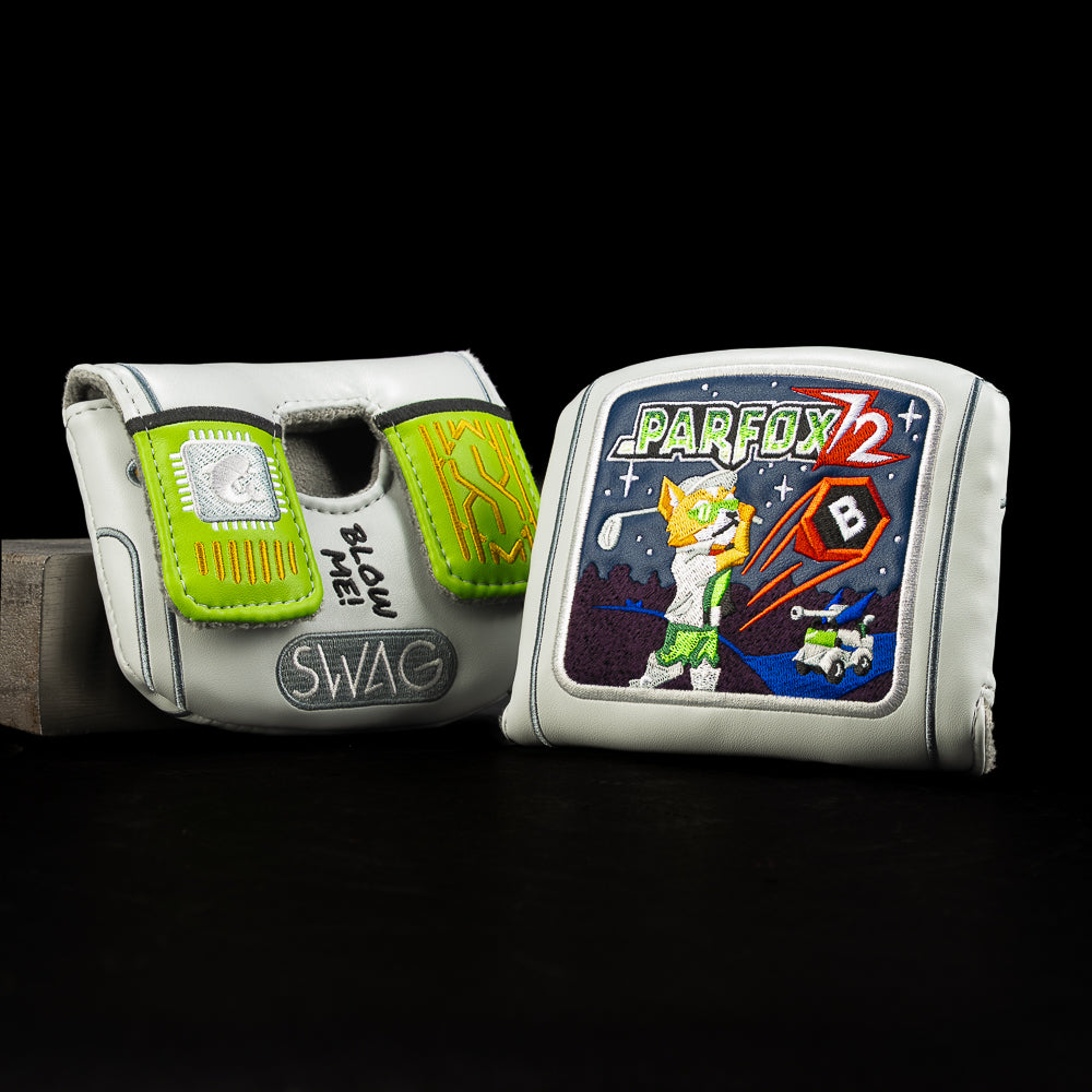 Gray small center shaft mallet cover styled like a retro cartridge with Parfox 72 art and "BLOW ME!" detailing.