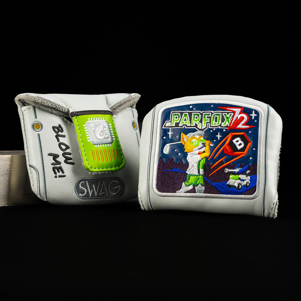 Gray cartridge-style mallet cover with Parfox 72 retro adventure artwork and SWAG branding.