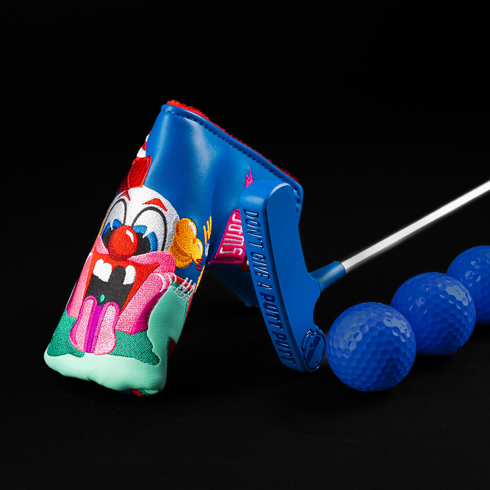Blue Putt-Putt Squirt blade putter with “Don’t Give a Putt-Putt” engraving, shown with the blue clown cover and blue golf balls.