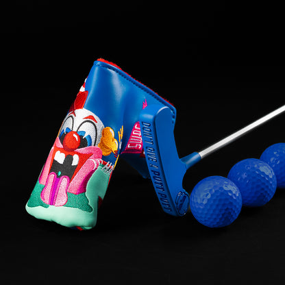 Blue Putt-Putt Squirt blade putter with “Don’t Give a Putt-Putt” engraving, shown with the blue clown cover and blue golf balls.