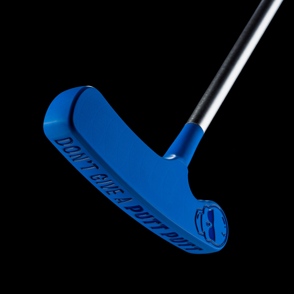Blue Putt-Putt Squirt blade putter showing “Don’t Give a Putt-Putt” sole engraving and engraved aviator skull.