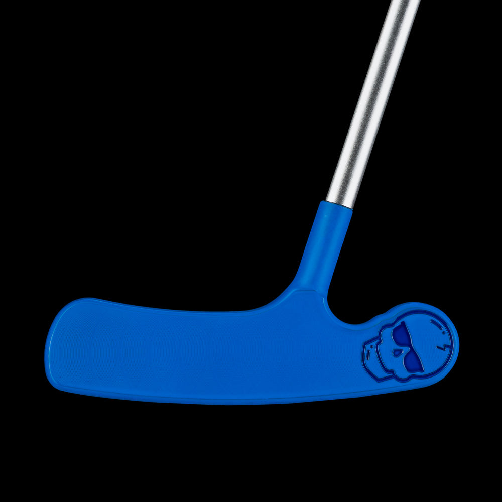 Front view of the blue Putt-Putt Squirt blade putter with textured face and aviator skull engraved on the heel.