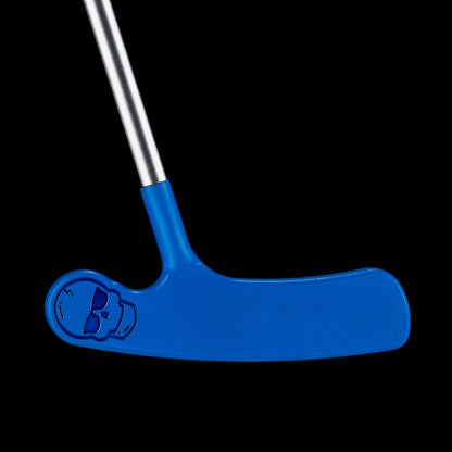 Back view of the blue Putt-Putt Squirt blade putter highlighting the smooth blue finish and engraved skull heel weight.
