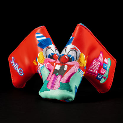 Matching clown blade cover with bright red panels, embroidered clown face, and arcade-style “SWAG LAND GOLF” side art.