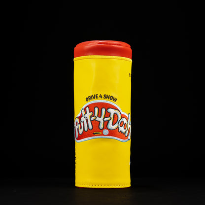 Putt-4-Doh Barrel Fairway Cover in bright yellow with red top and embroidered “Drive 4 Show Putt-4-Doh” artwork.