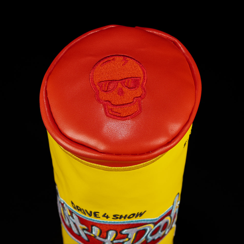 Red top of the Putt-4-Doh Barrel Fairway Cover featuring the embossed SWAG skull logo.